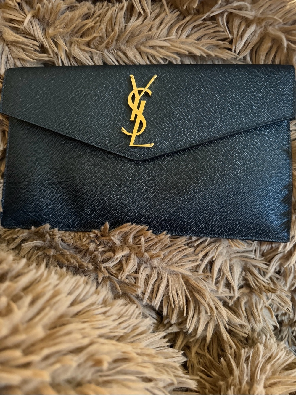 Saint Laurent Black Leather YSL Envelope Clutch with Gold Logo